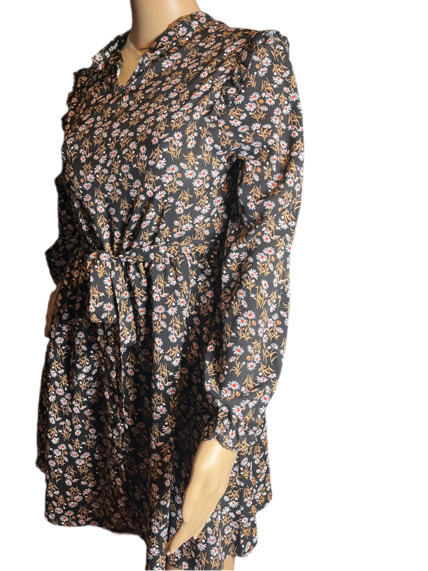 Allegra K Black/White/Beige Floral Imprints Blouson Dress(Size Small)