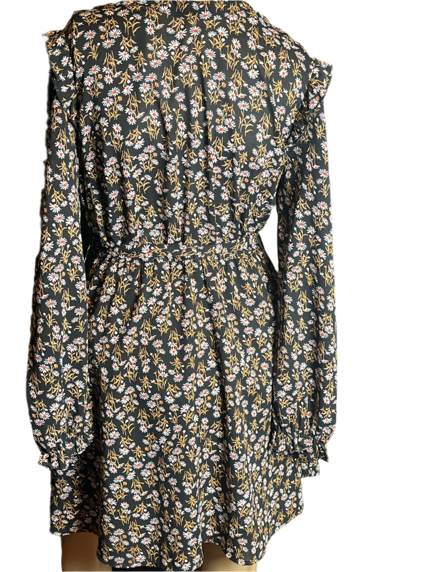 Allegra K Black/White/Beige Floral Imprints Blouson Dress(Size Small)