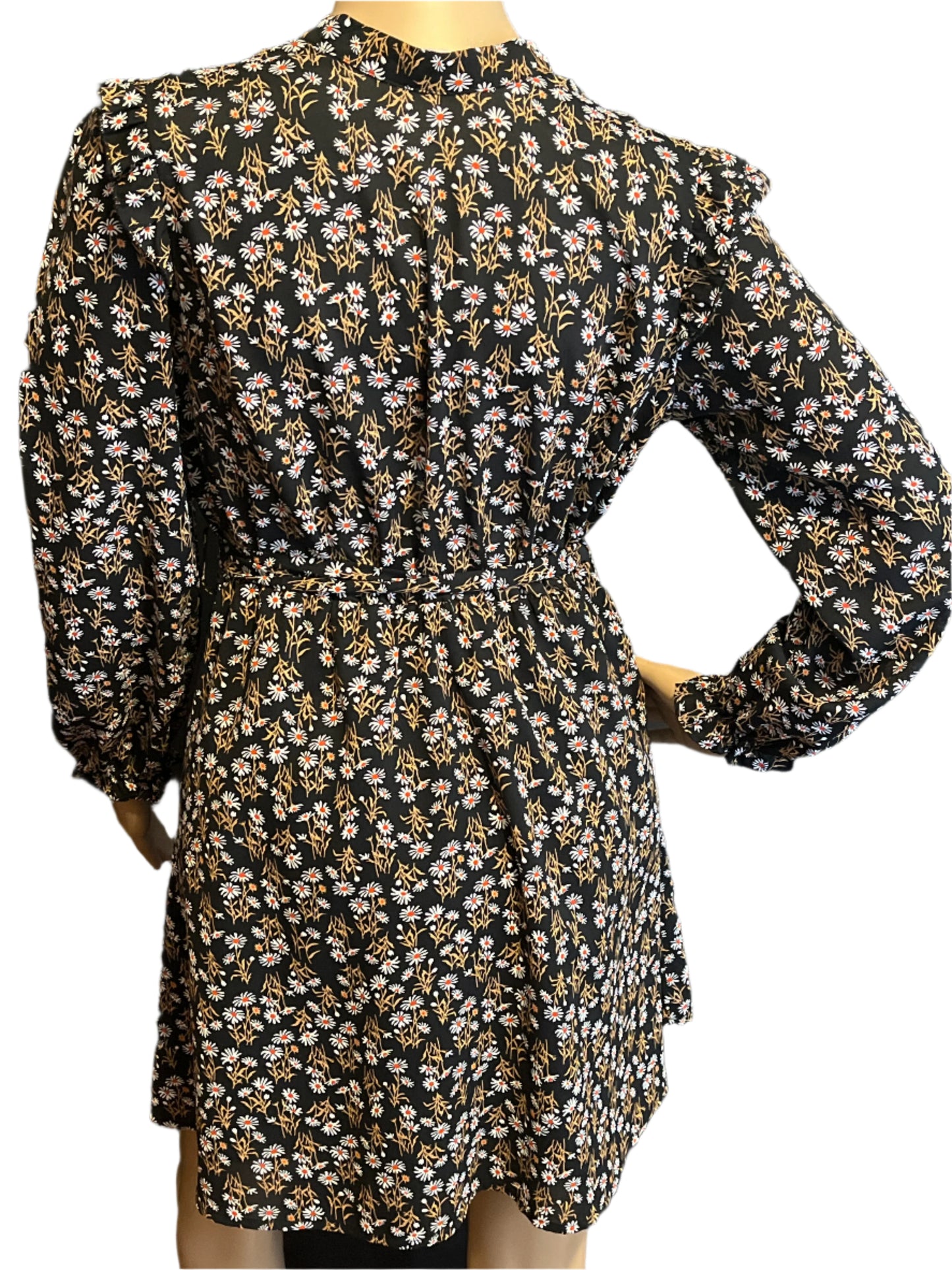 Allegra K Black/White/Beige Floral Imprints Blouson Dress(Size Small)