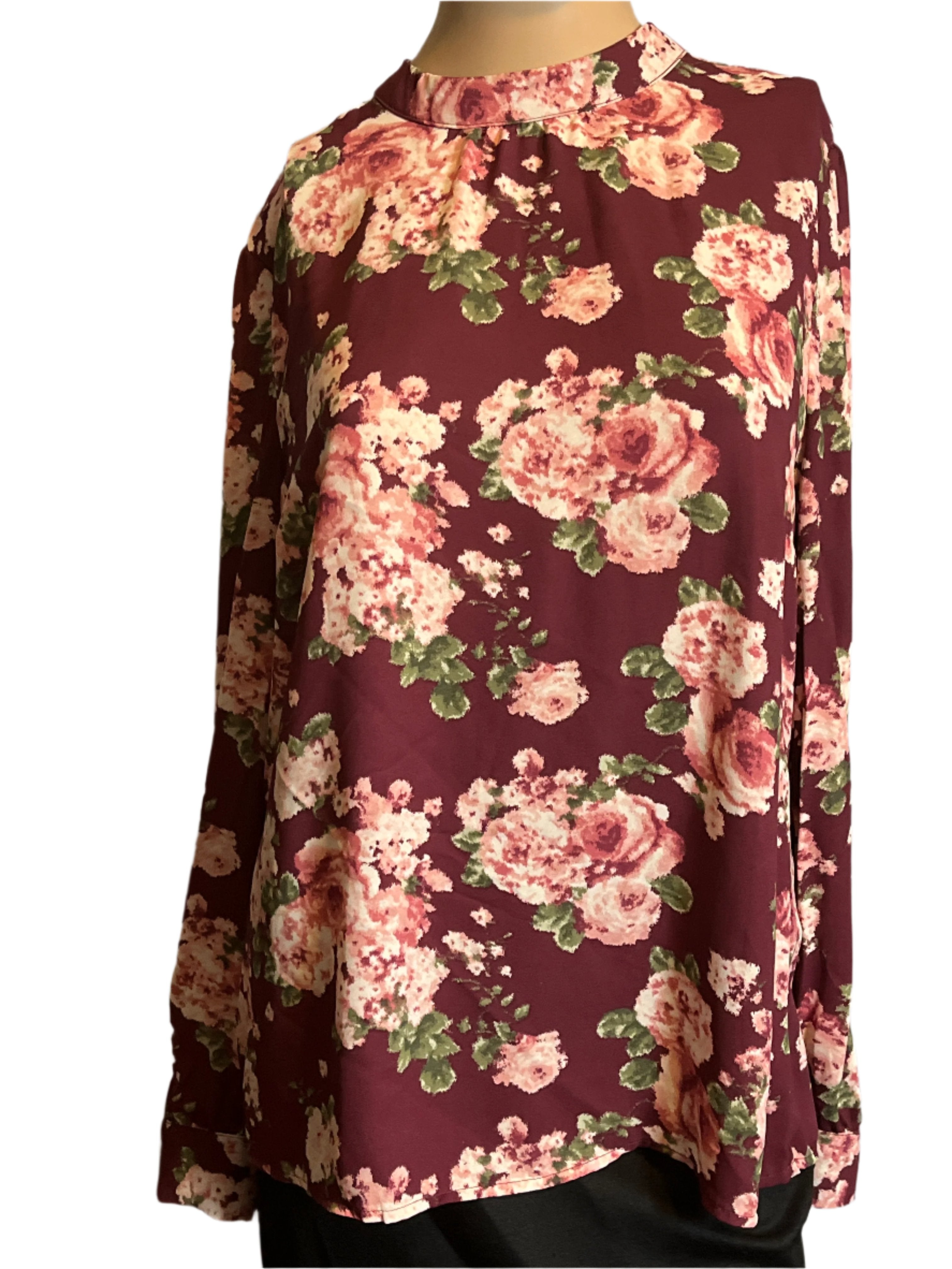 Forever 21 (size L)Burgundy and Pink Floral Print Loose Fitting Blouse