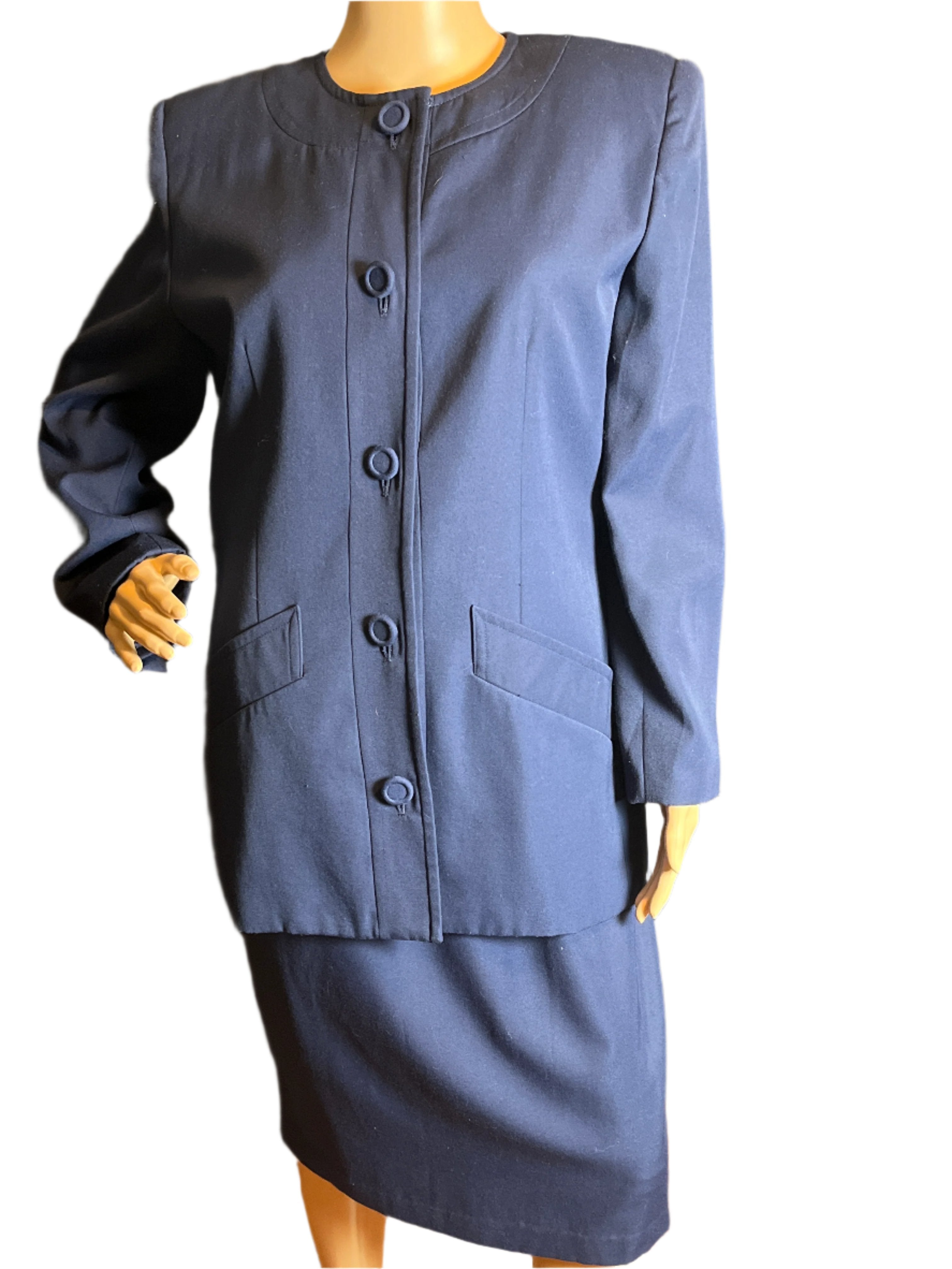 2 piece Navy Blue buttoned skirt suit set by Karen Scott (size 10)