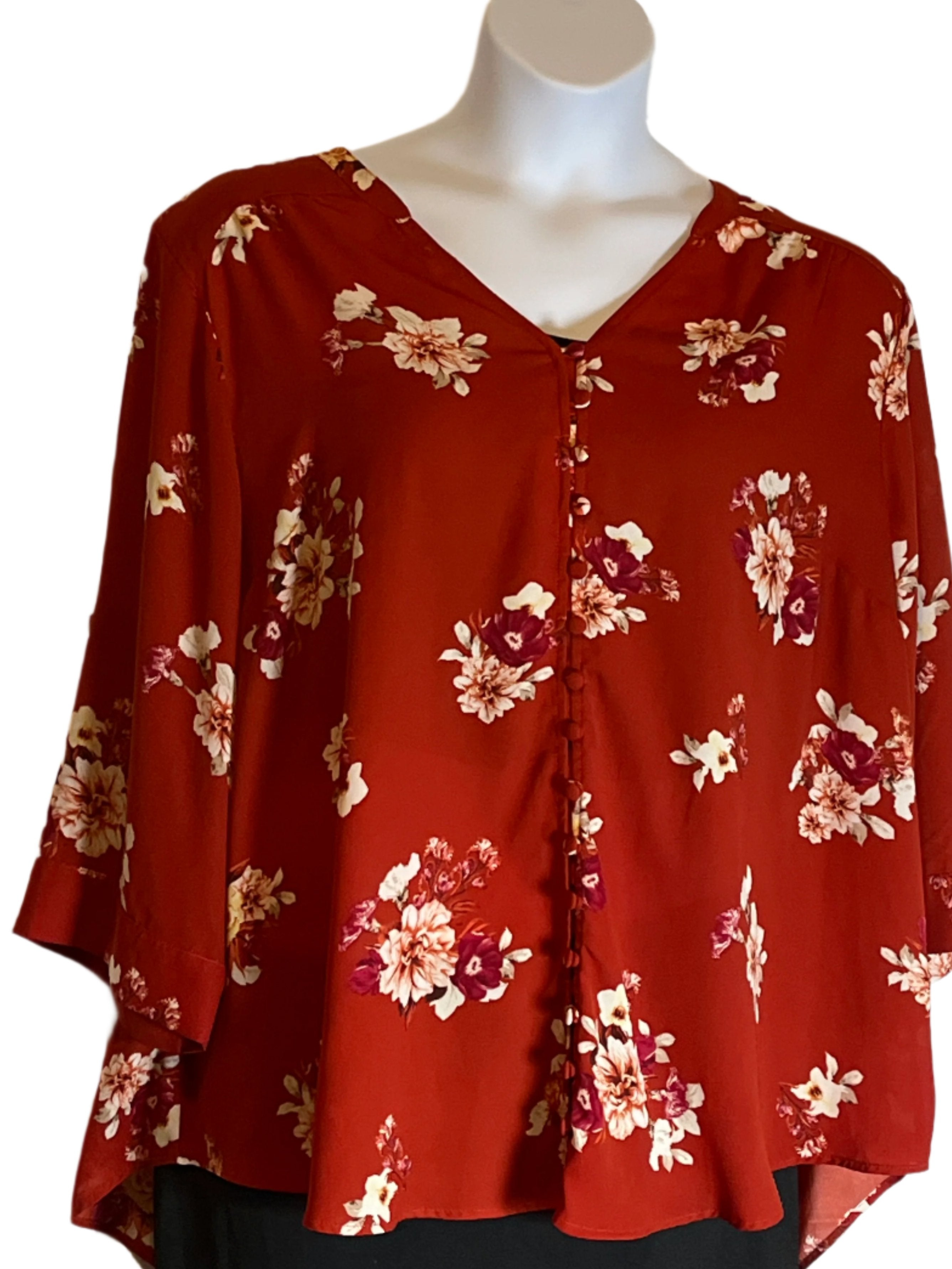 Torrid-Burgundy Floral Tunic V Neck Plus size (3x) buttoned blouse (3/4 Wide Sleeves)