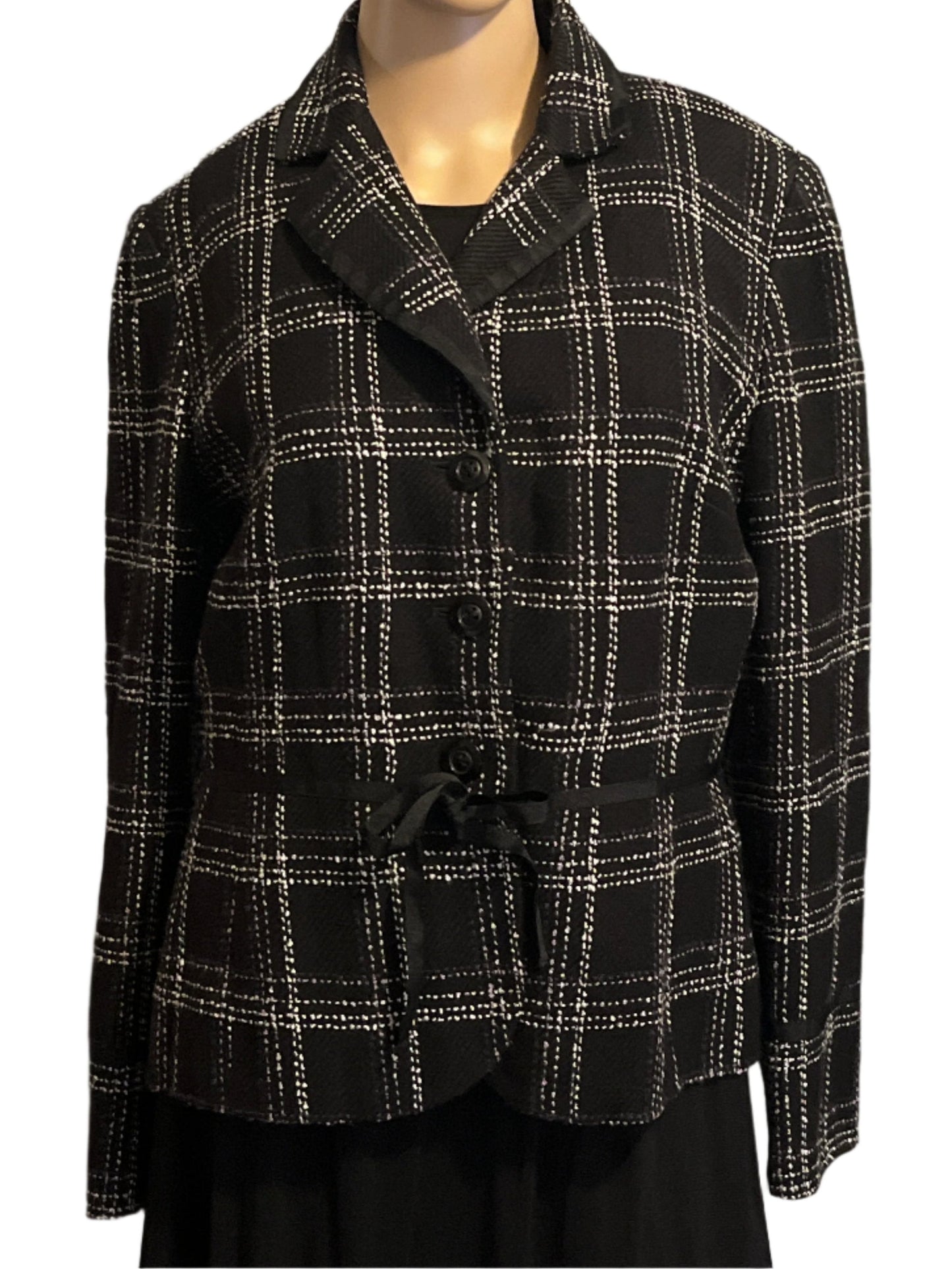 NortonMcNaughton  Black Plaid Buttoned Blazer with soft fabric belt (size 8)