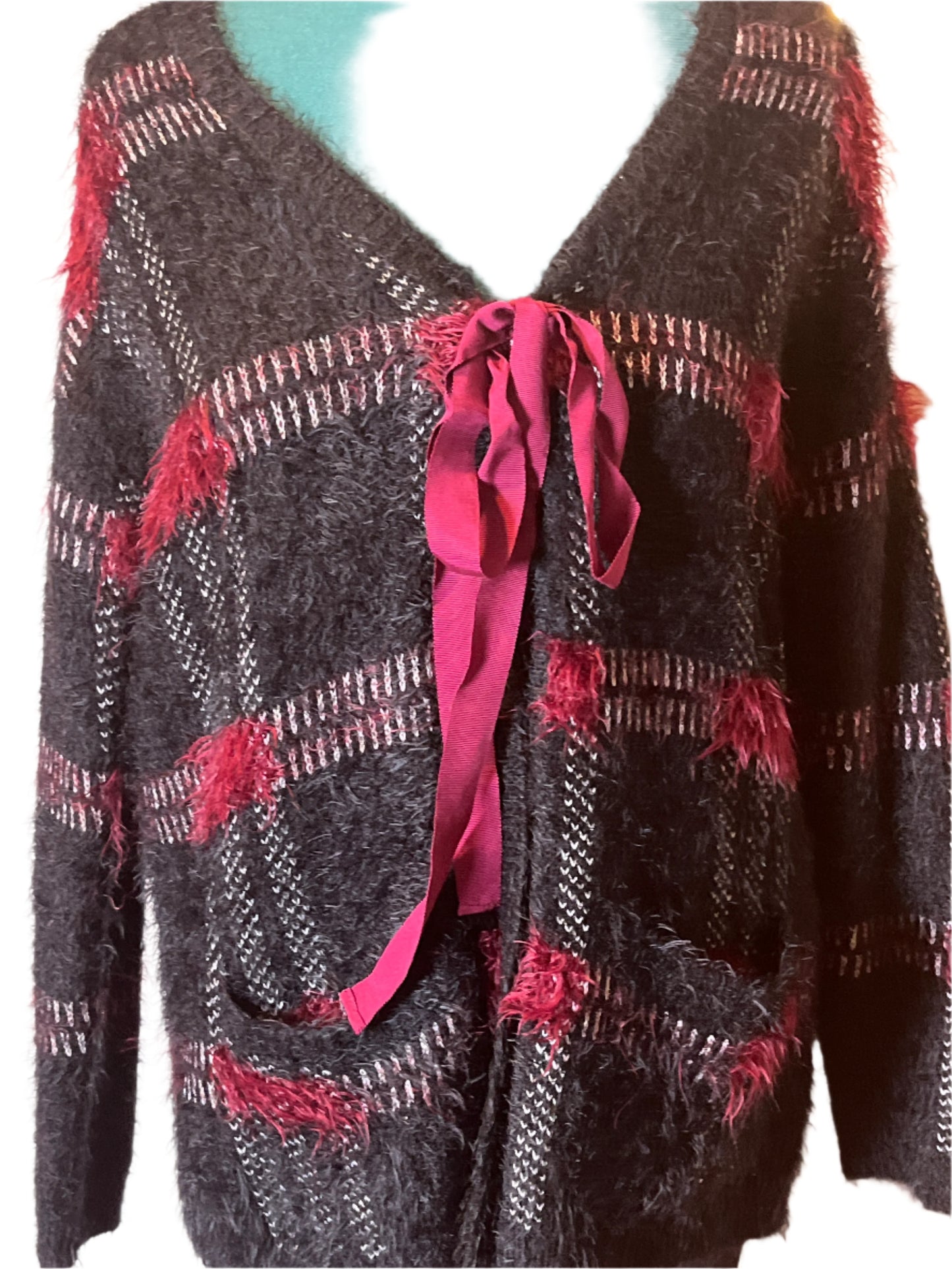 Forever 21 Poncho Style - Black and Pink Cardigan with Ribbon Tie (Size Large)