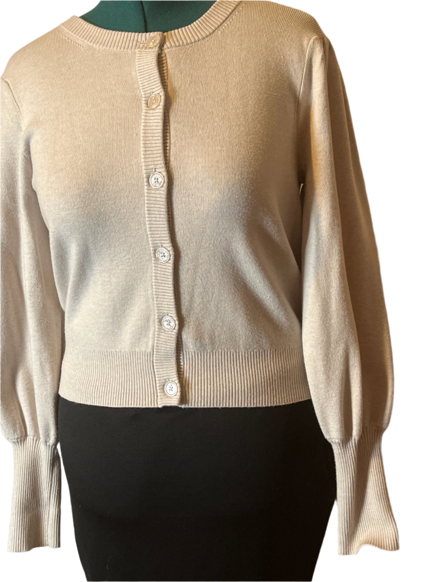 Tahari Buttoned Sweater Beige with Bouffant Sleeves (size Large)