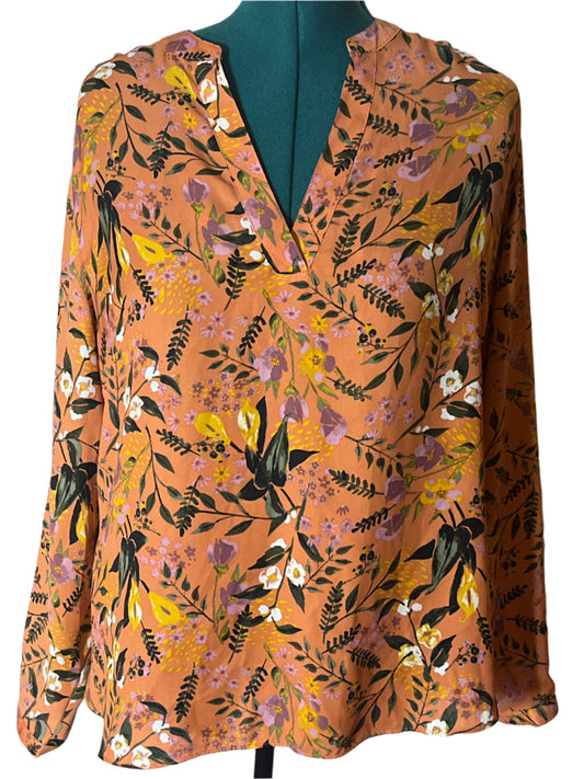 Ava Viva-Elegant Light Orange Flower Print Ladies V Neck Pull Over Blouse