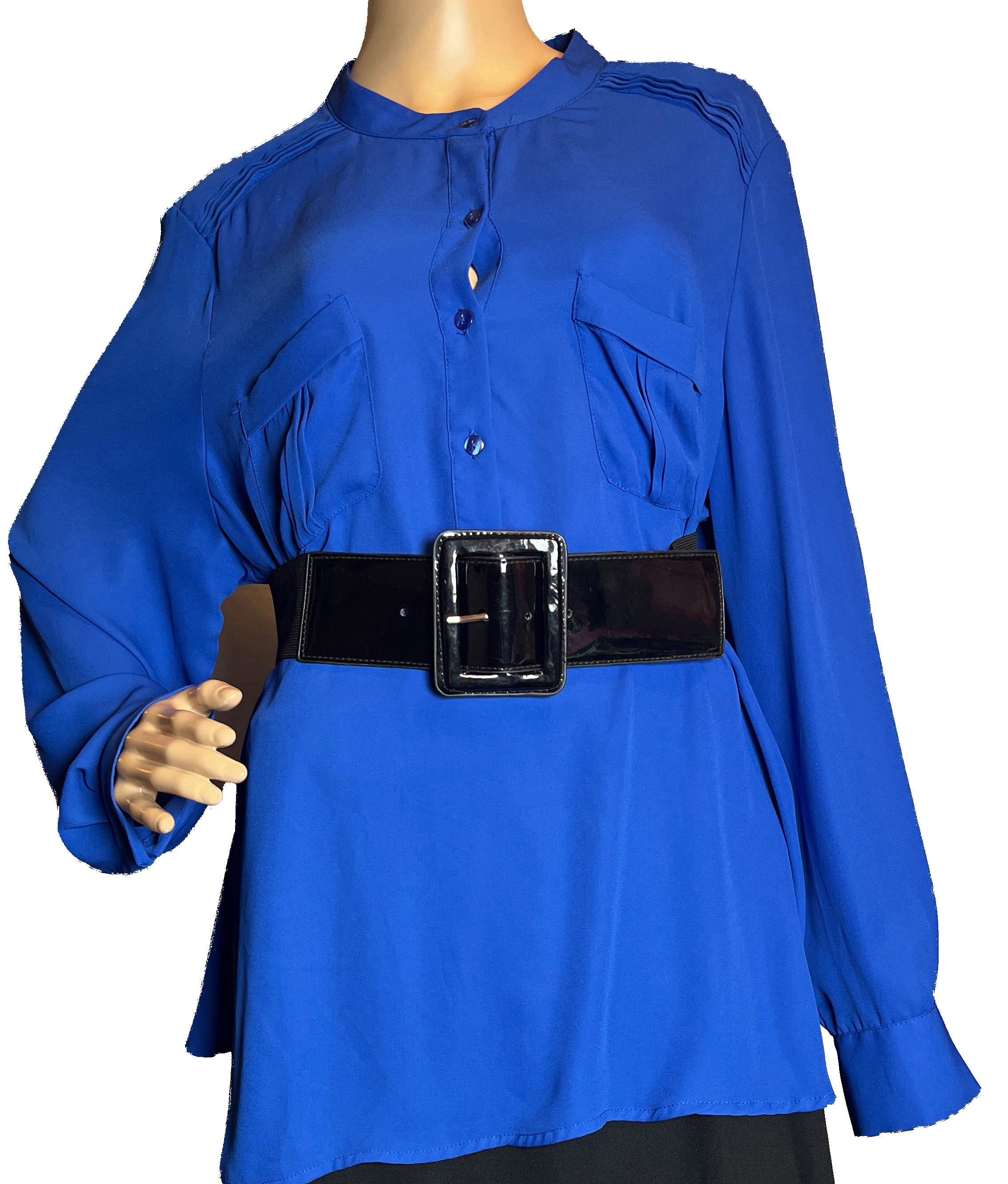 Ruffle-Trim Royal Blue Buttoned Up Tunic Blouse (Size 2X)