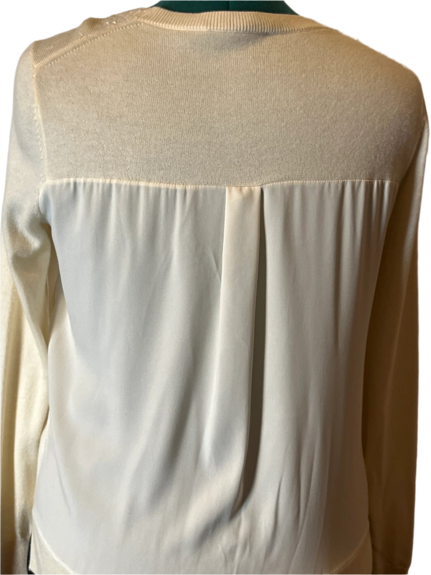 Ann Taylor Beige V Neck Long Sleeves Blouse Sweater Combo with Pearls Designs(Size Medium Petite)