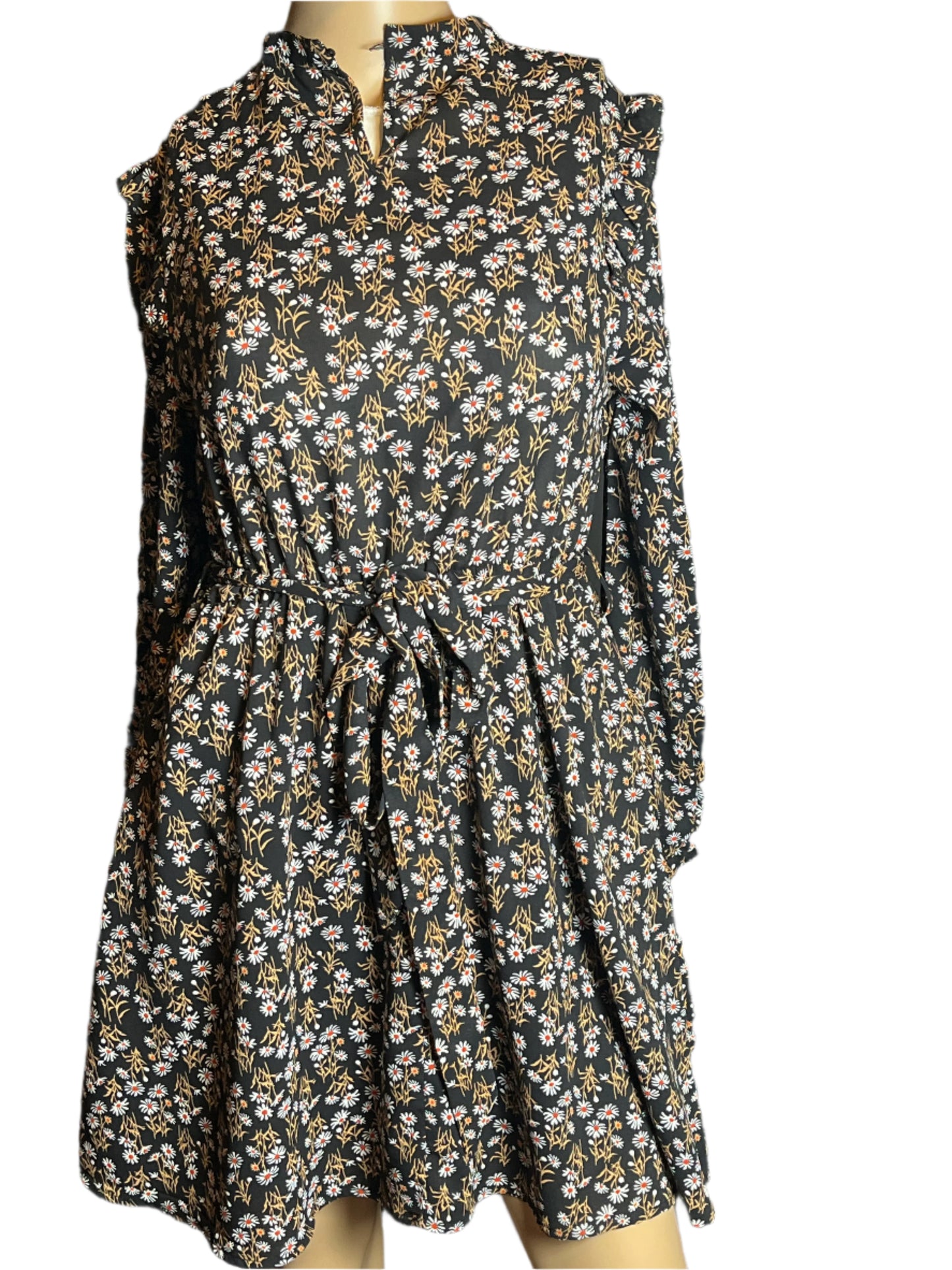 Allegra K Black/White/Beige Floral Imprints Blouson Dress(Size Small)