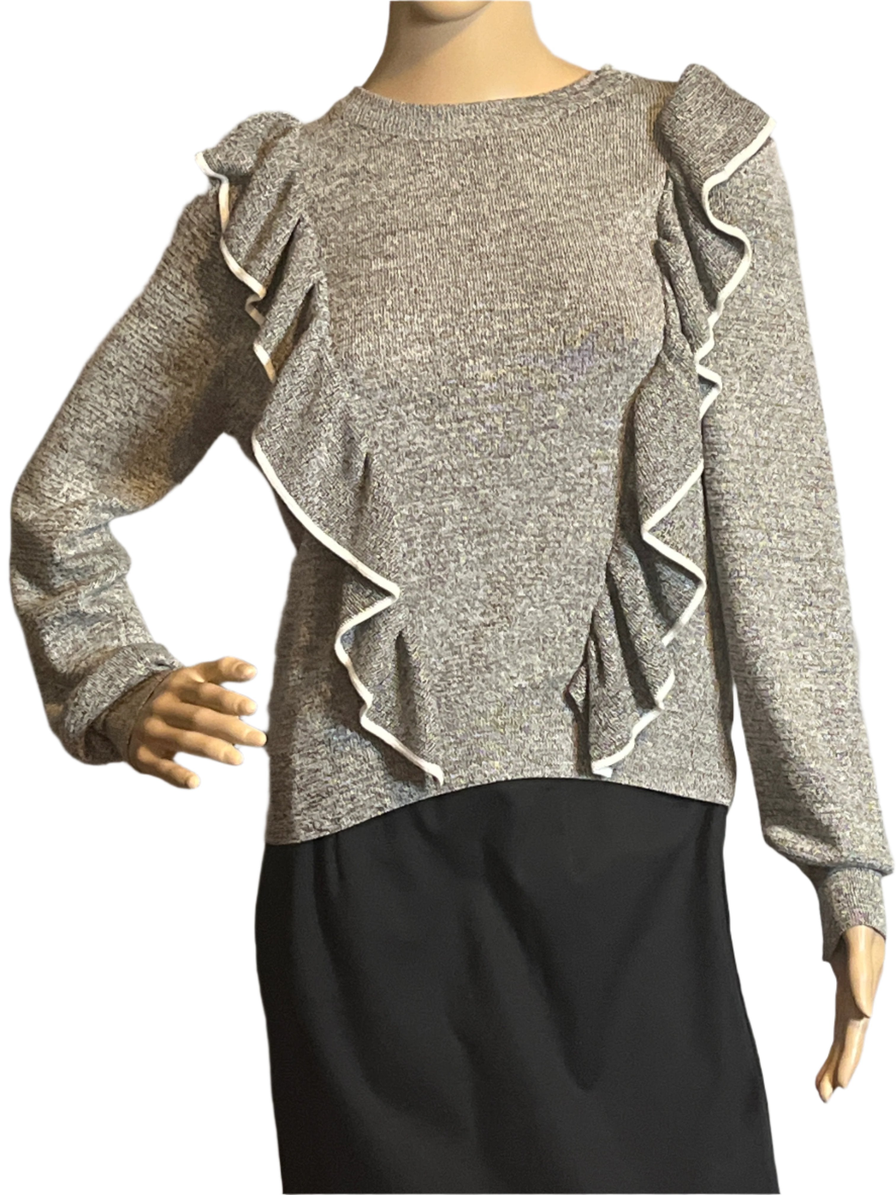 TOPSHOP-Pull Over Gray Ruffled Sweater (Size 8)