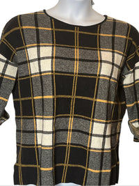 Black, White, Yellow Plaid Warm 3/4 Pull Over Sleeves Blouse (Size 2x)