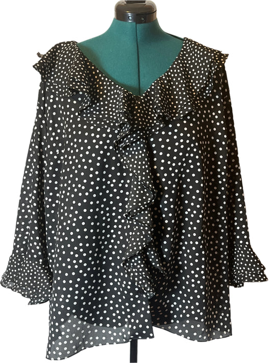 Jones New York Black and White Polka Dots Blouse with Ruffled Collar(Size 3x)