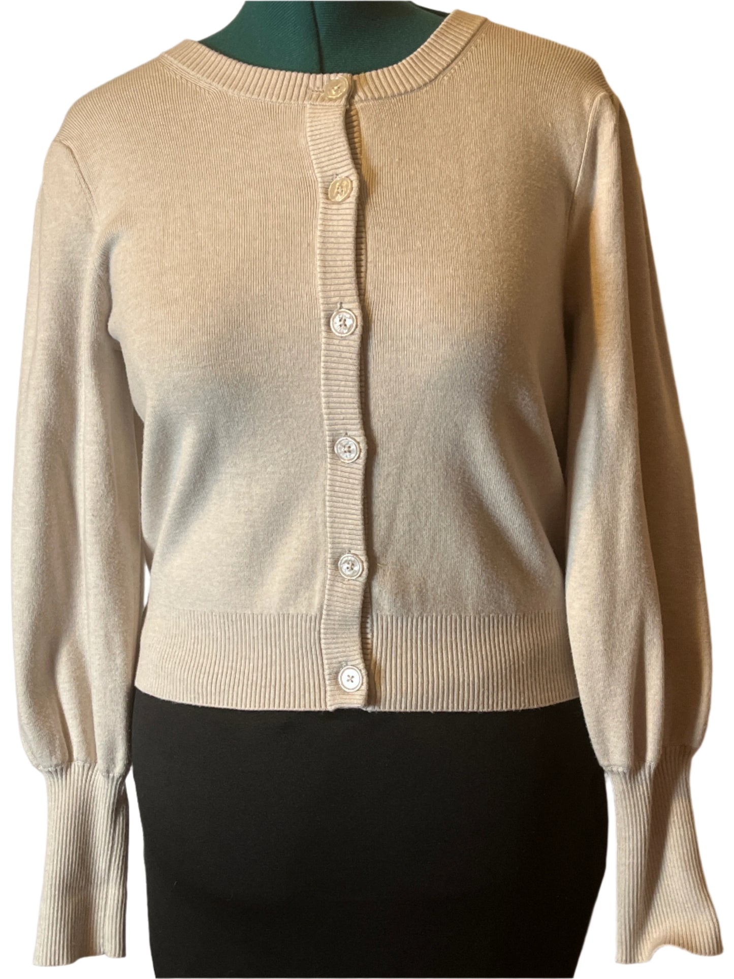 Tahari Buttoned Sweater Beige with Bouffant Sleeves (size Large)