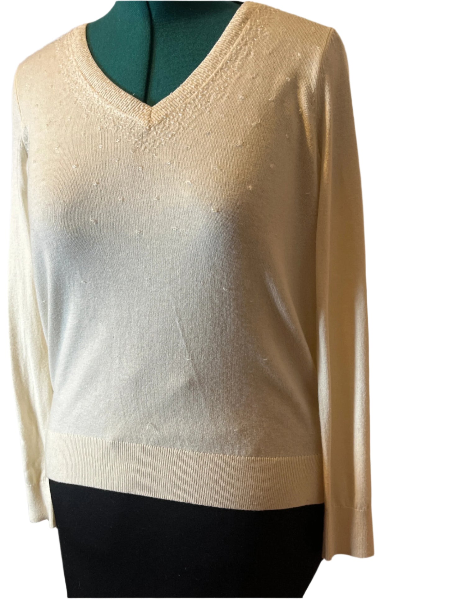 Ann Taylor Beige V Neck Long Sleeves Blouse Sweater Combo with Pearls Designs(Size Medium Petite)