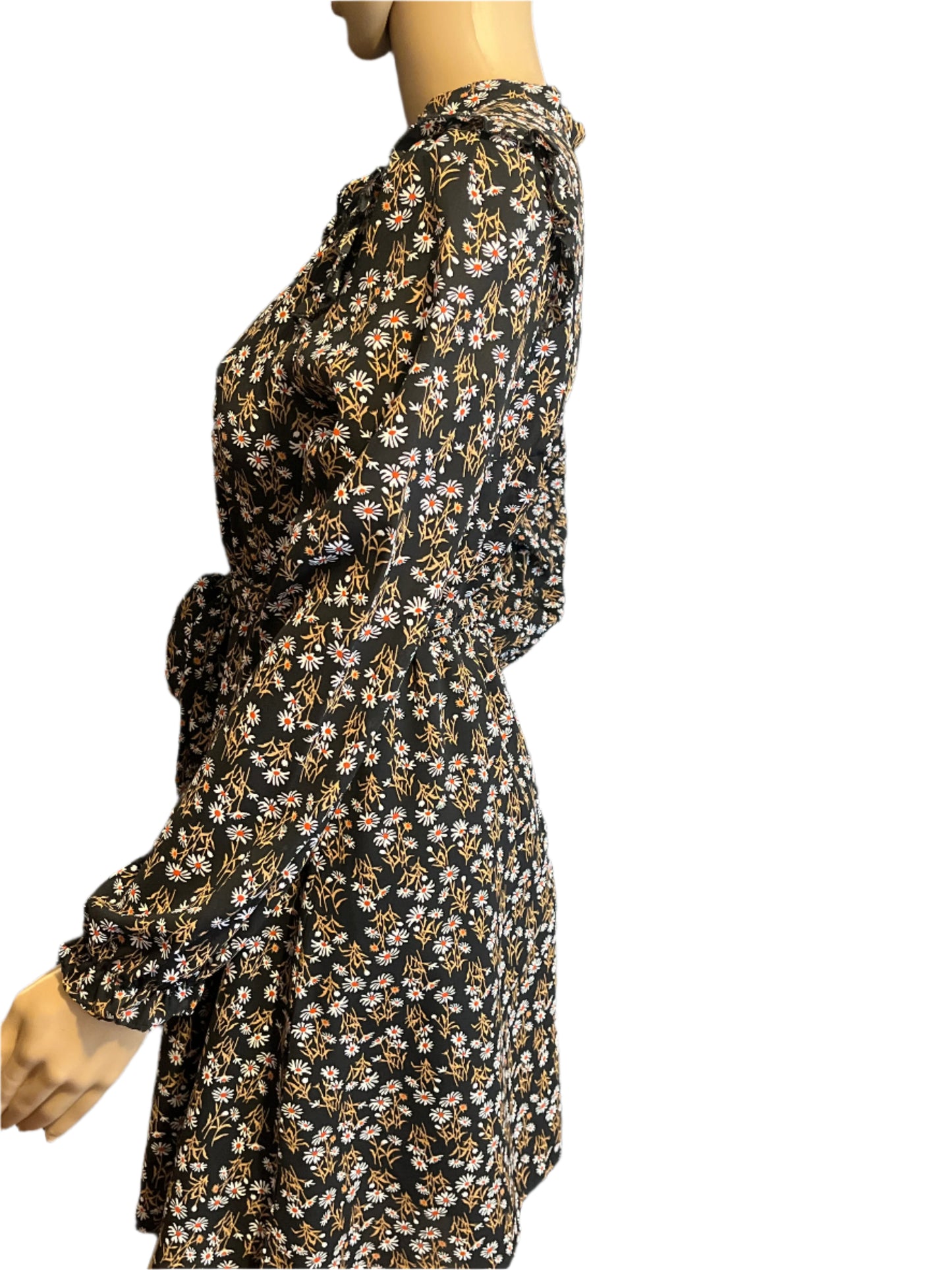 Allegra K Black/White/Beige Floral Imprints Blouson Dress(Size Small)