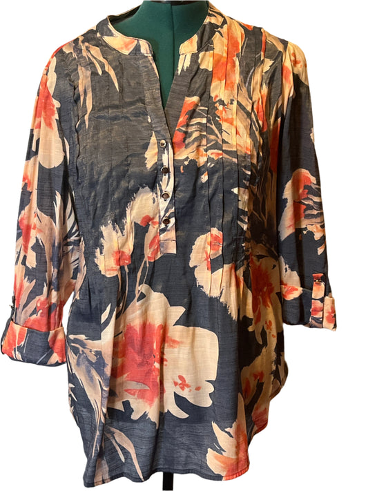 Cocomo Floral  Dressy Blue and Orange Loose Fitting Blouse (size 2x)