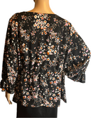 Black with Pink Floral imprints Pull Over Blouse & Low Adjustable String Waist Band From EVRI (Size 1X)