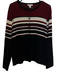 Dress Barn Tri-Colored/Striped (Black, Burgundy, White) Buttoned Long Sleeves Cardigan