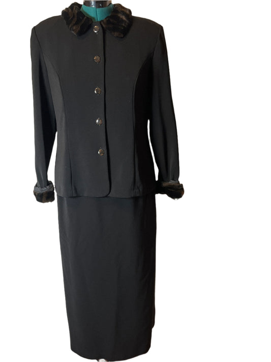 Positive Attitue-2 piece skirt set suit  with faux fur collared neckline and sleeves (Size 16)