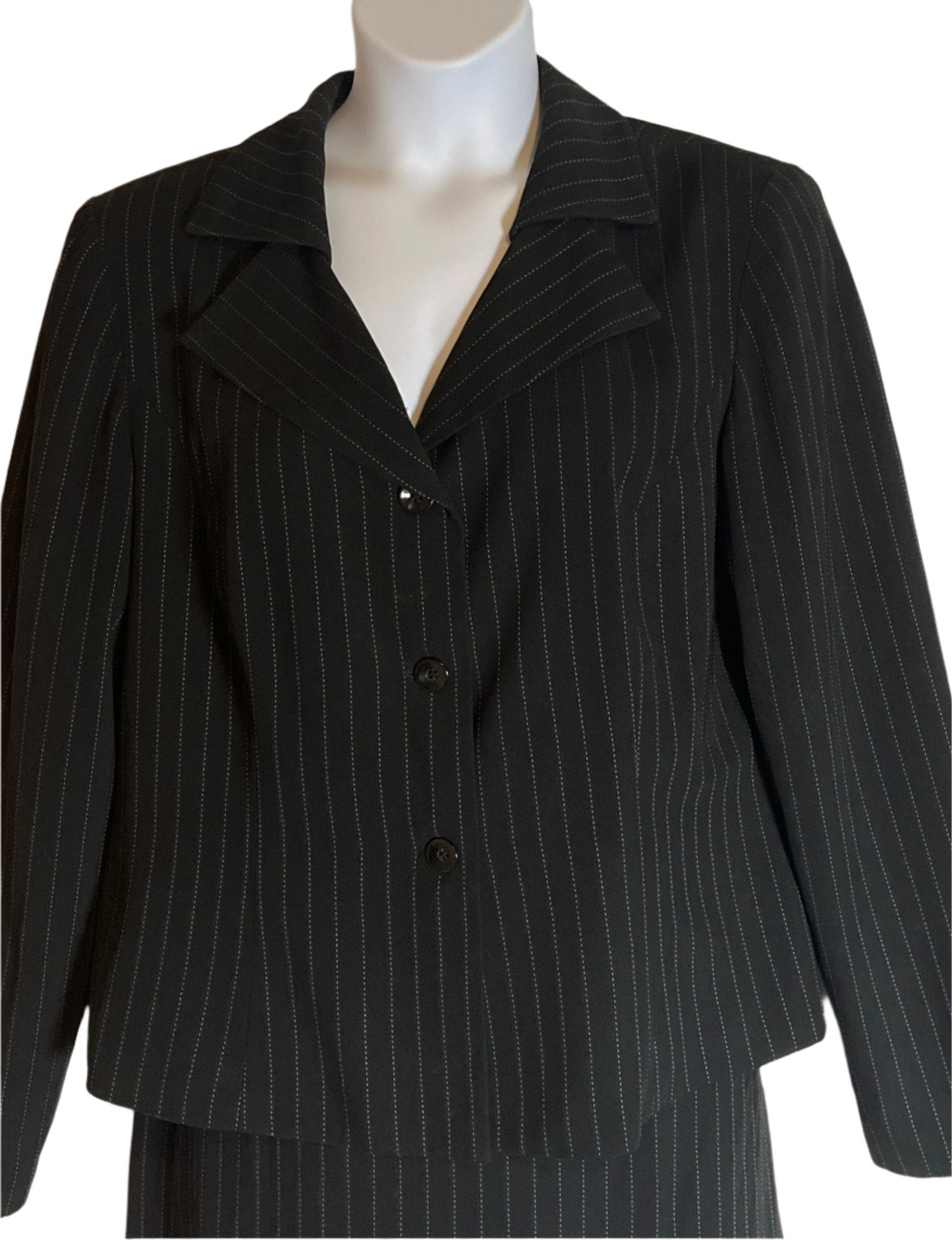 Julian Taylor 2 Piece Skirt Suit Black with Blue Threads (Size 18)