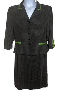 2 Piece Skirt Suit Black and Green Polka Dots with stylish Ribbon Sleeves and buttoned Jacket (Size 16)