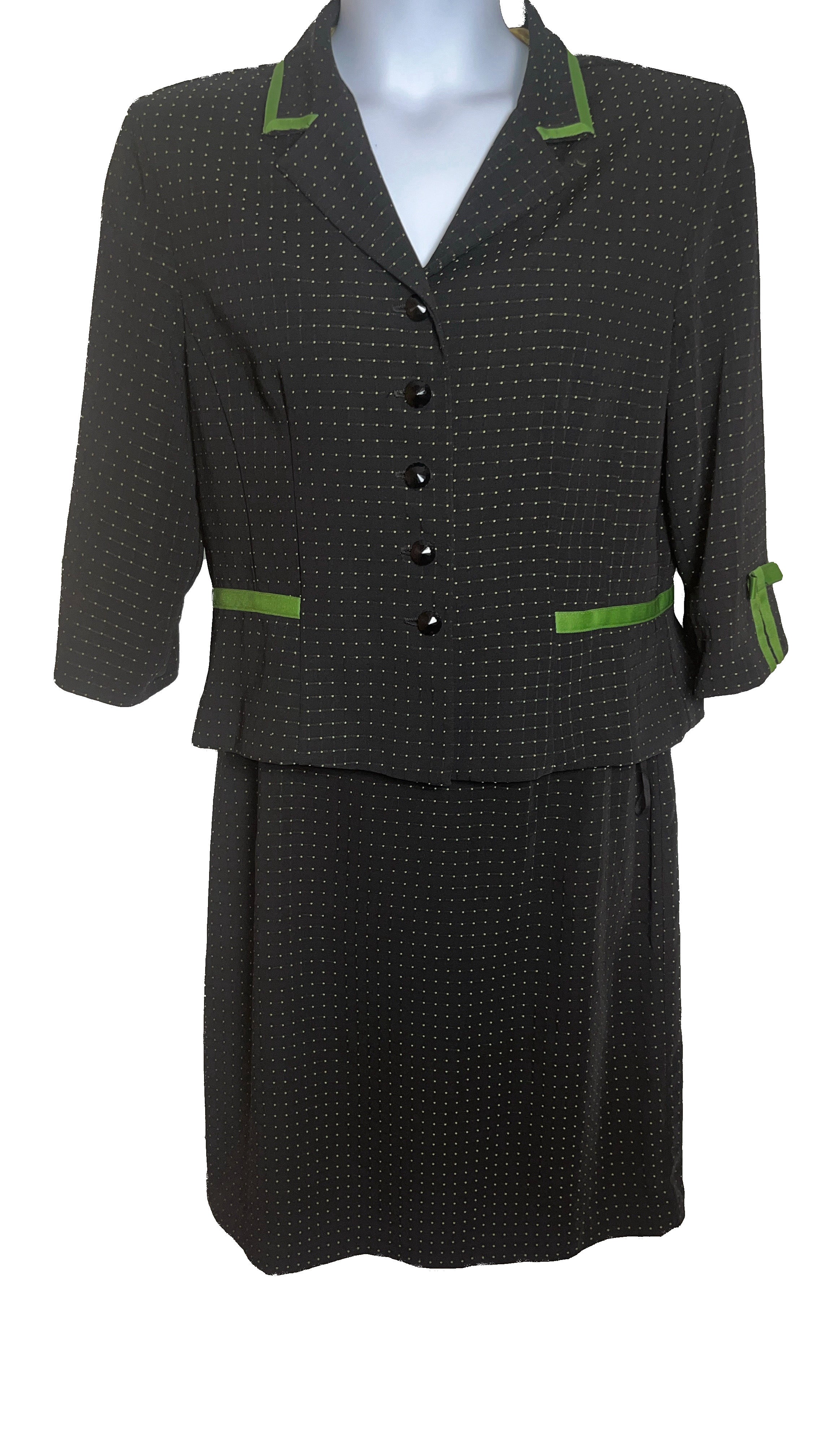 2 Piece Skirt Suit Black and Green Polka Dots with stylish Ribbon Sleeves and buttoned Jacket (Size 16)