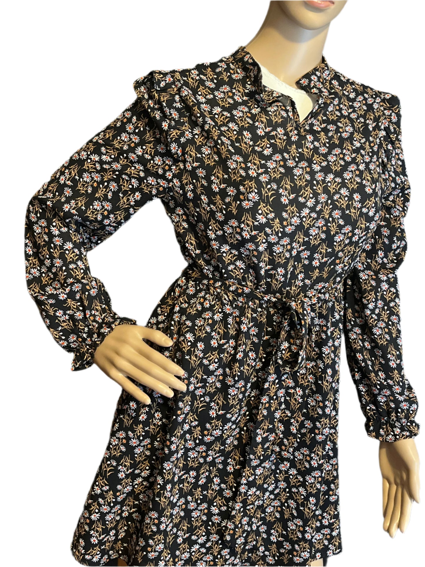 Allegra K Black/White/Beige Floral Imprints Blouson Dress(Size Small)