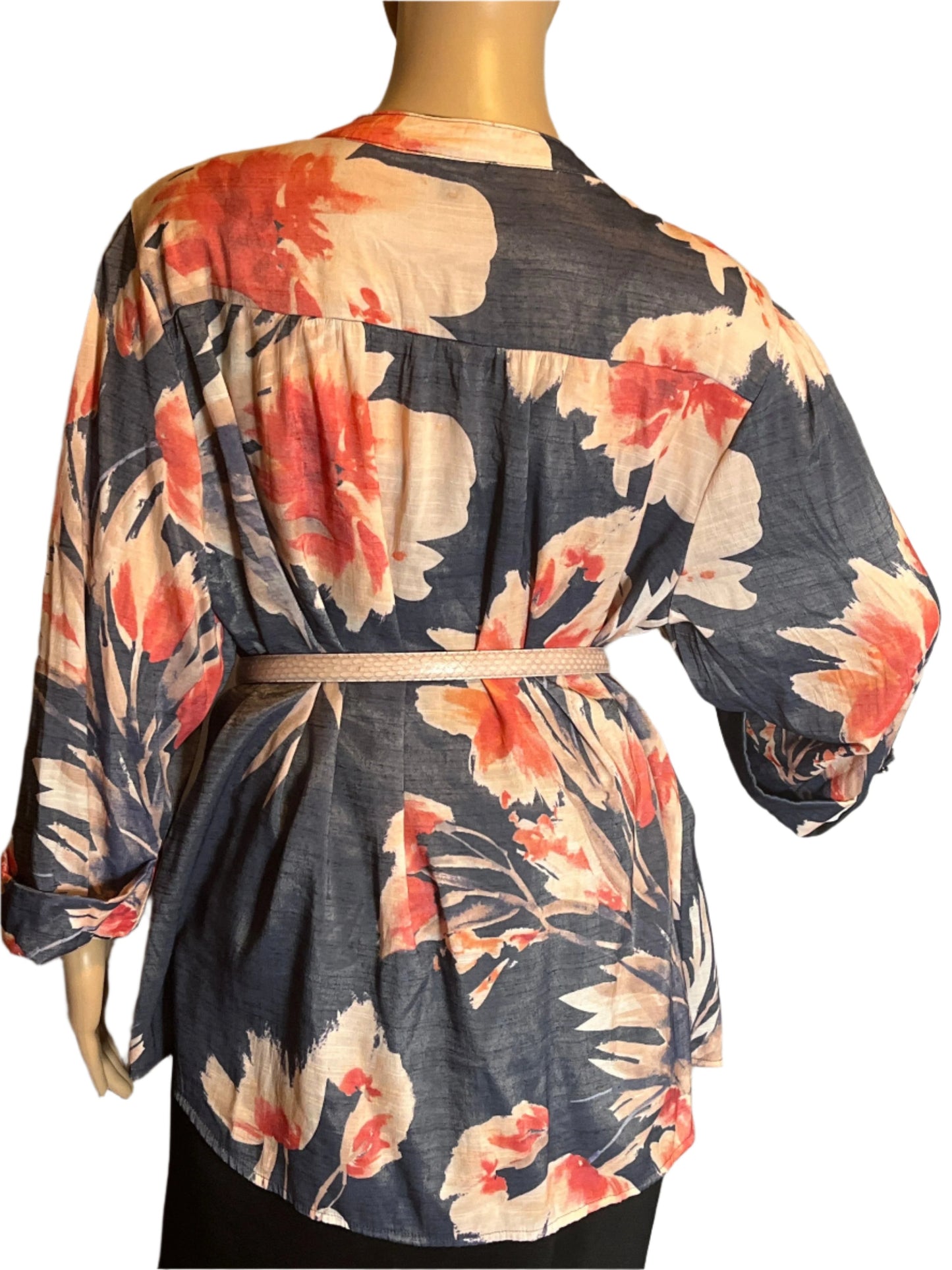 Cocomo Floral  Dressy Blue and Orange Loose Fitting Blouse (size 2x)