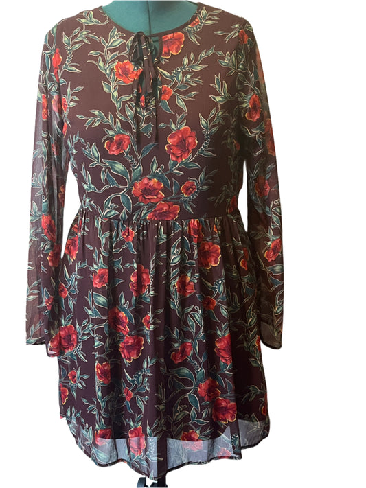 Xhilaration burgundy floral dress Fit and Flare Dress with Bell Sleeves (size XL)