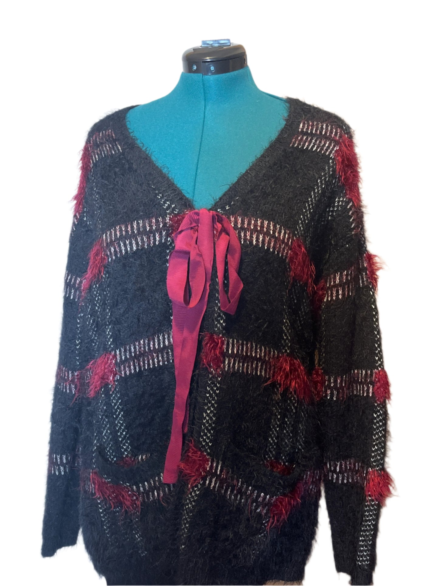 Forever 21 Poncho Style - Black and Pink Cardigan with Ribbon Tie (Size Large)