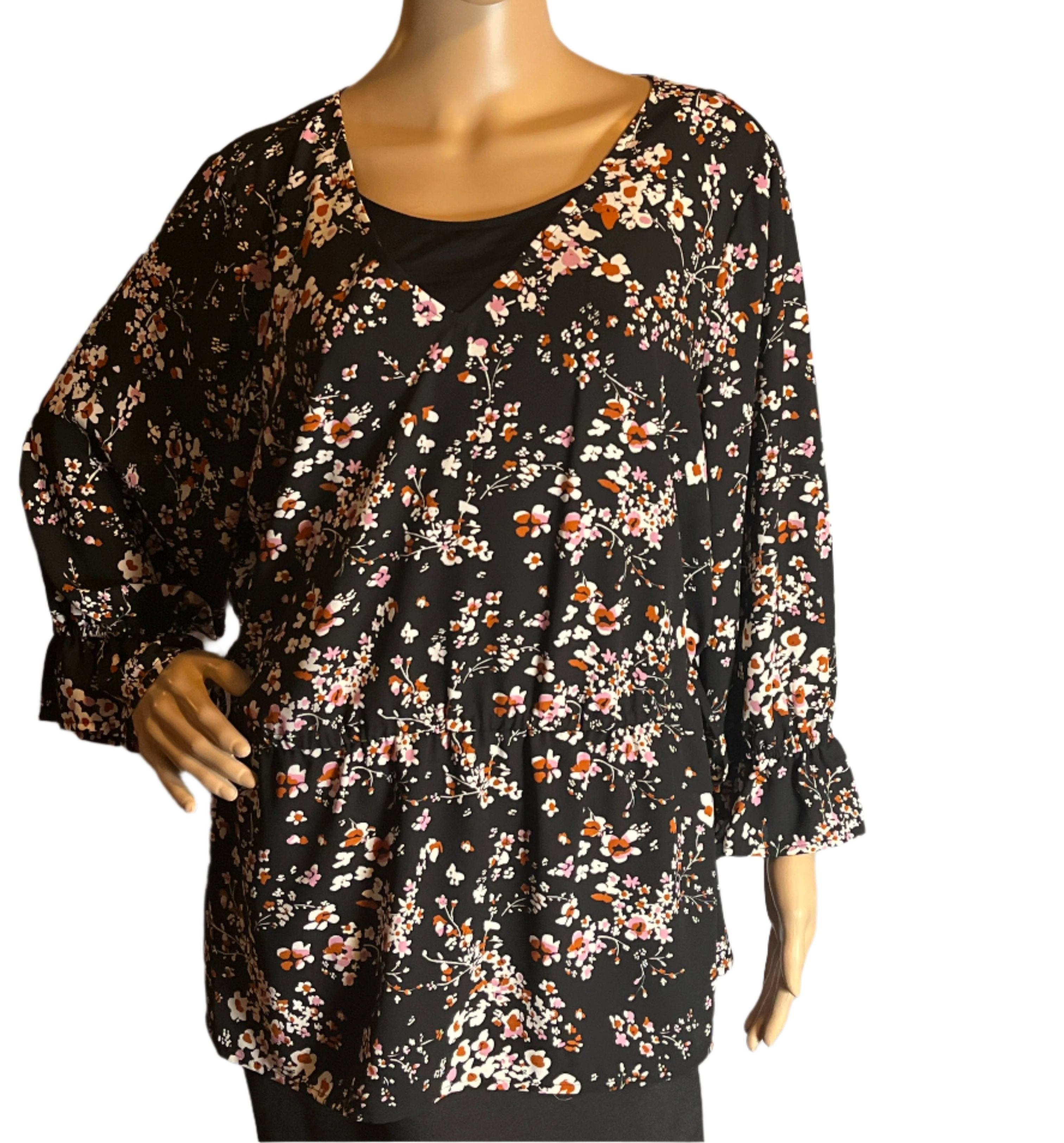 Black with Pink Floral imprints Pull Over Blouse & Low Adjustable String Waist Band From EVRI (Size 1X)