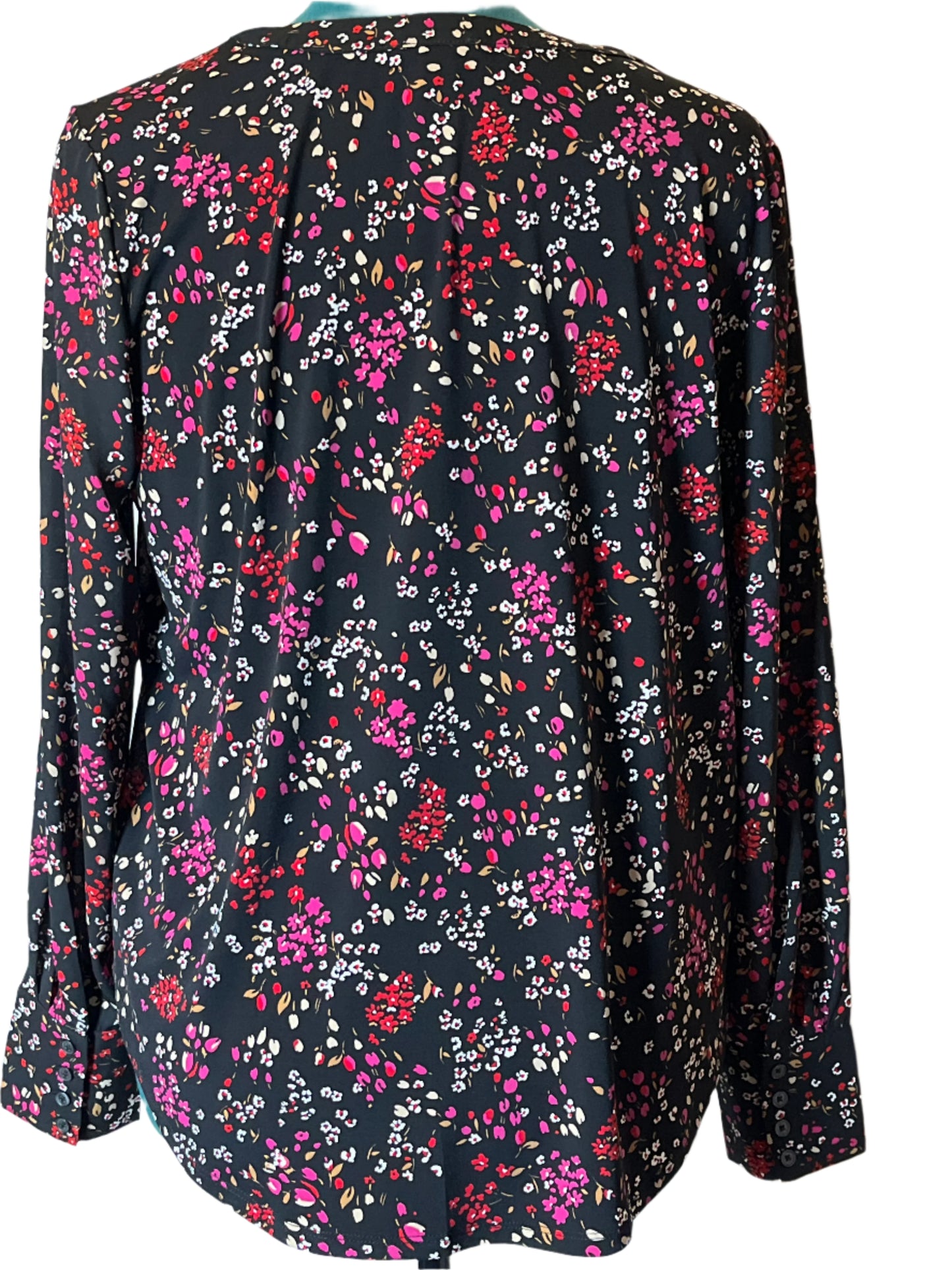 Ann Taylor Black, White, Pink and red Floral prints Pull Over V Neck Blouse (size Medium)