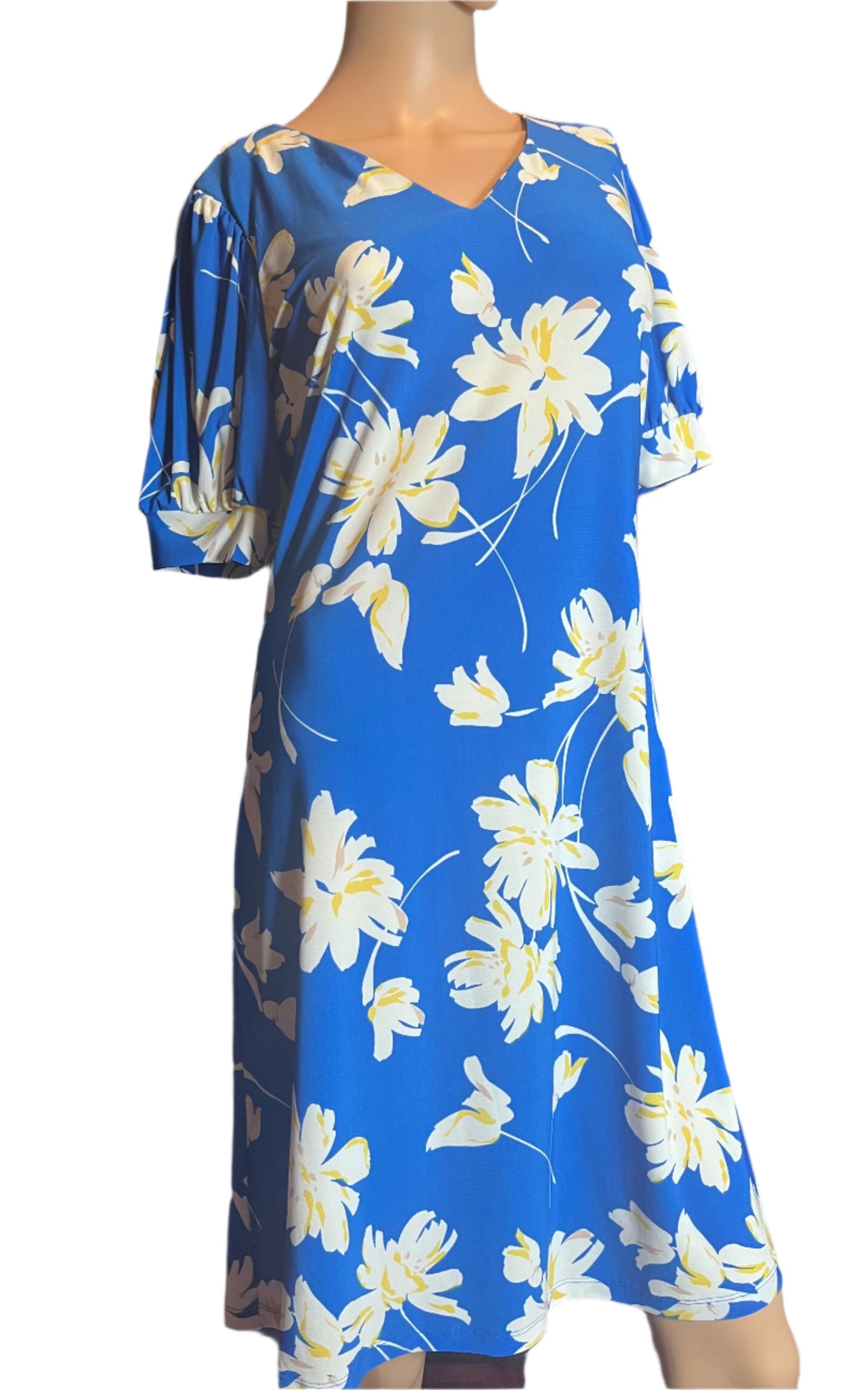 Robe Tommy Hilfiger (taille 4) flatteuse pour la silhouette, bleue, blanche et jaune, avec des imprimés floraux