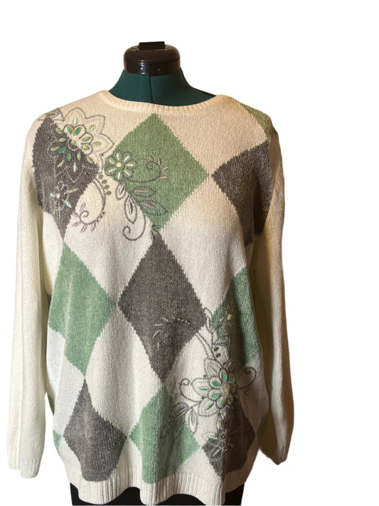 Alfred Dunner Pull over Sweater Beige/Green/Gray with Jeweled designs(Size 1X)