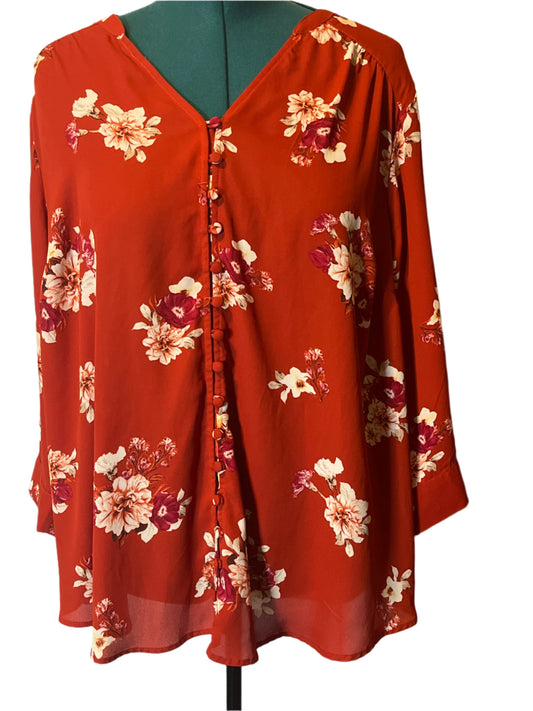 Torrid-Burgundy Floral Tunic V Neck Plus size (3x) buttoned blouse (3/4 Wide Sleeves)