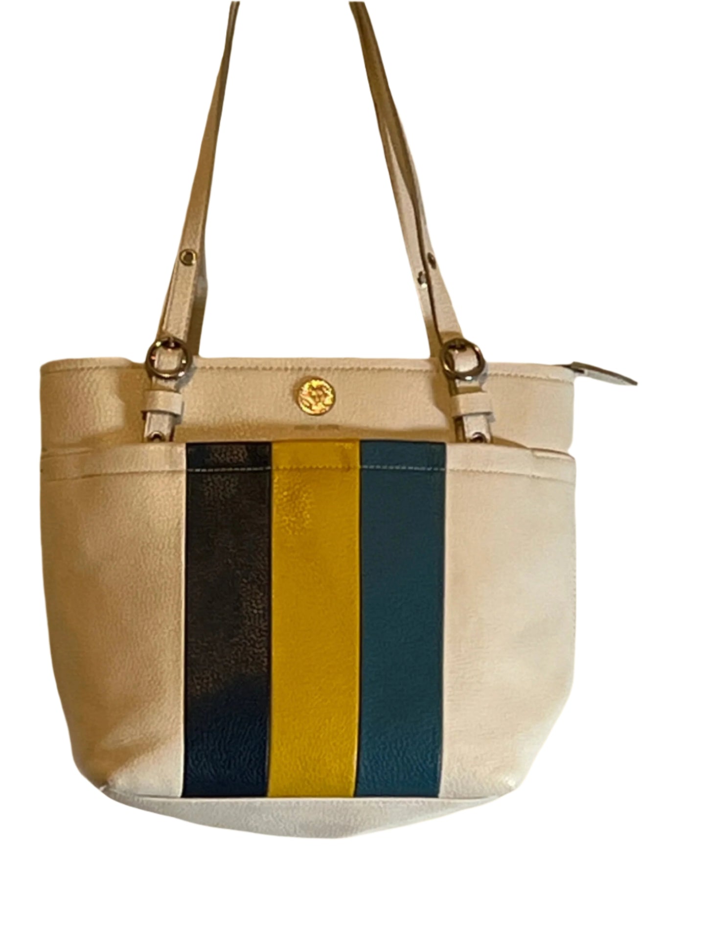 Ann Klein Stylish white with blue and yellow stripes Over Shoulder Bag