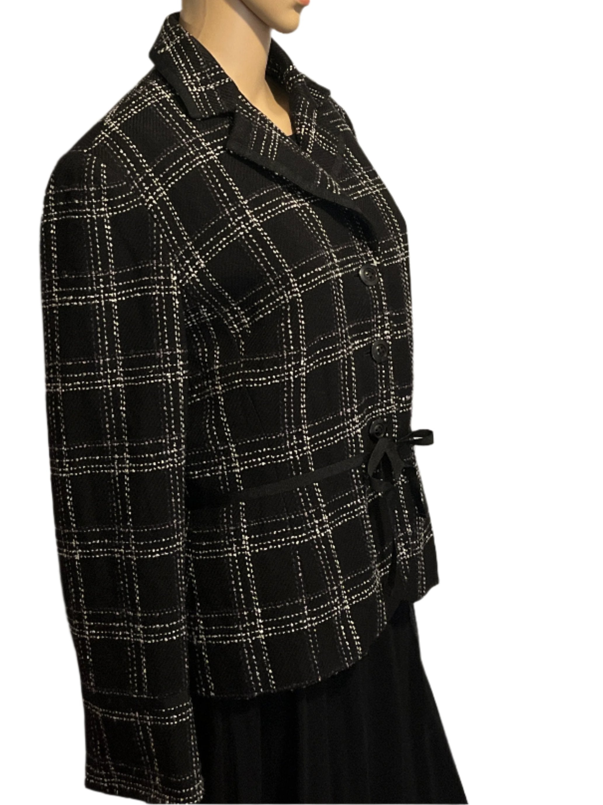 NortonMcNaughton  Black Plaid Buttoned Blazer with soft fabric belt (size 8)