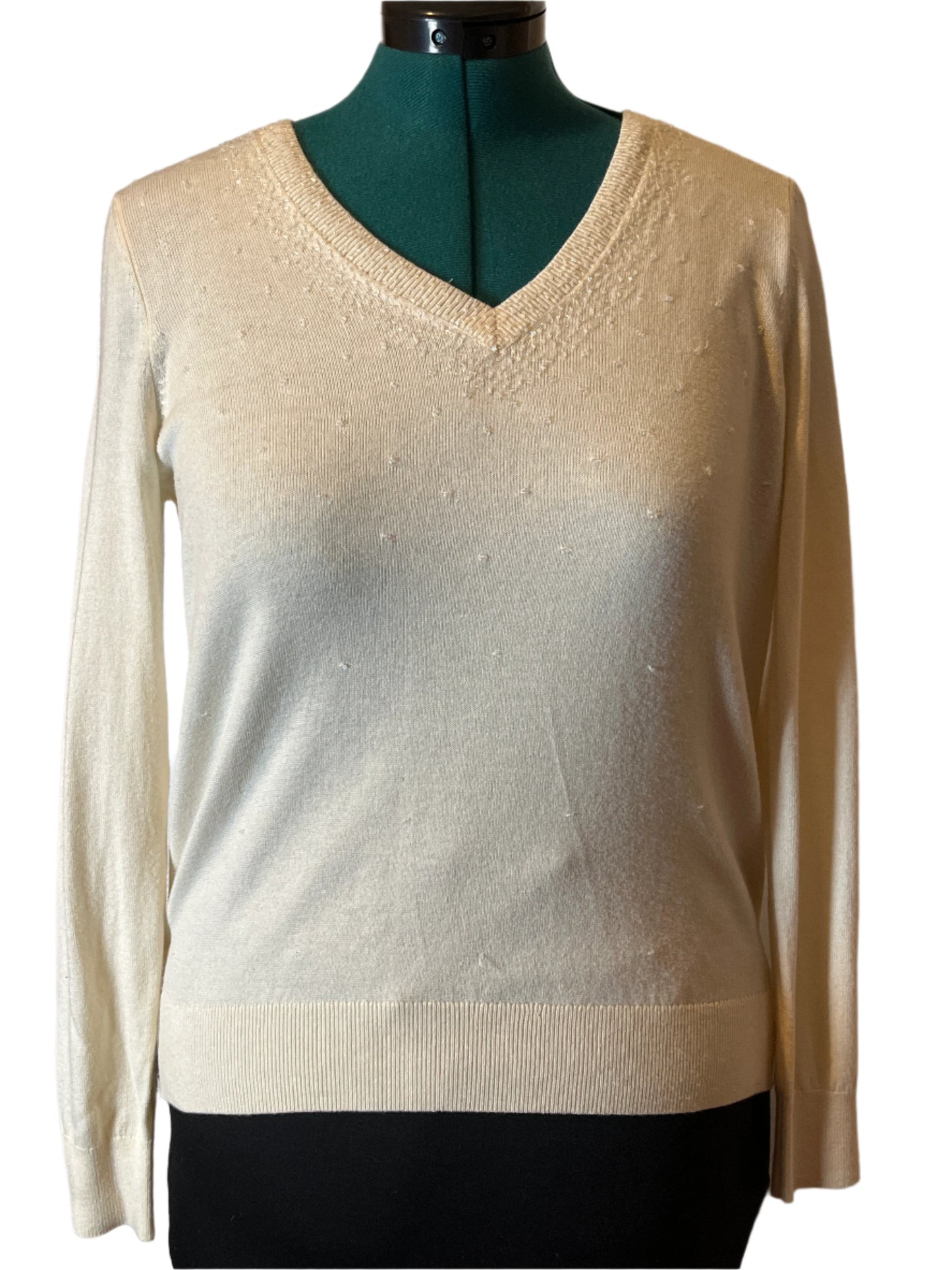 Ann Taylor Beige V Neck Long Sleeves Blouse Sweater Combo with Pearls Designs(Size Medium Petite)