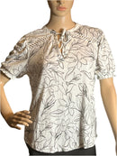 Como Floral V Neck White and Green Short Sleeves Blouse (Size Small)