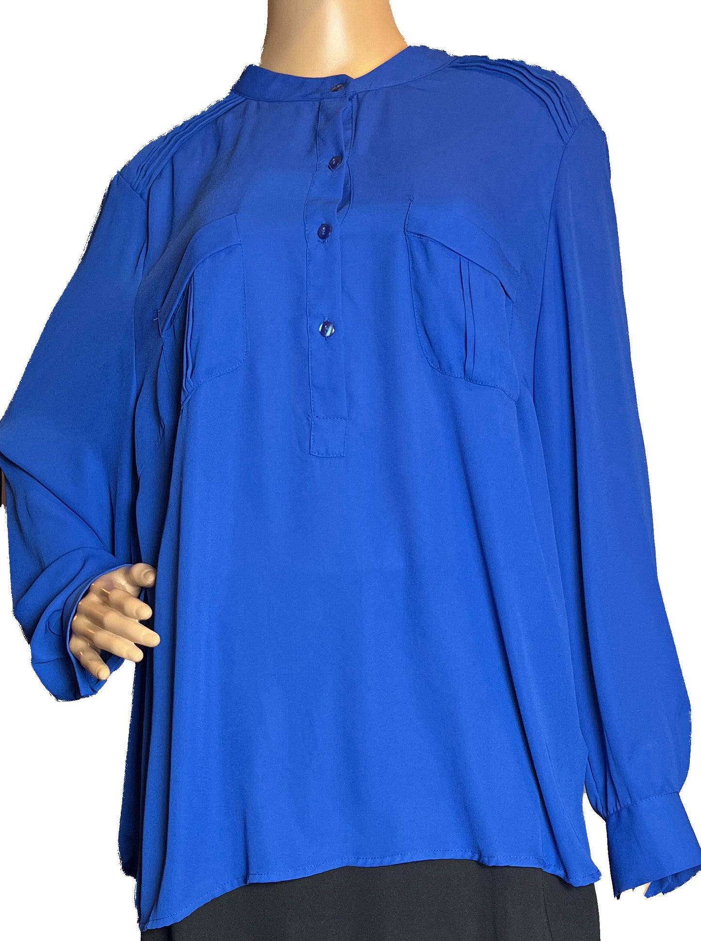 Ruffle-Trim Royal Blue Buttoned Up Tunic Blouse (Size 2X)