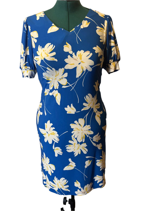 Robe Tommy Hilfiger (taille 4) flatteuse pour la silhouette, bleue, blanche et jaune, avec des imprimés floraux