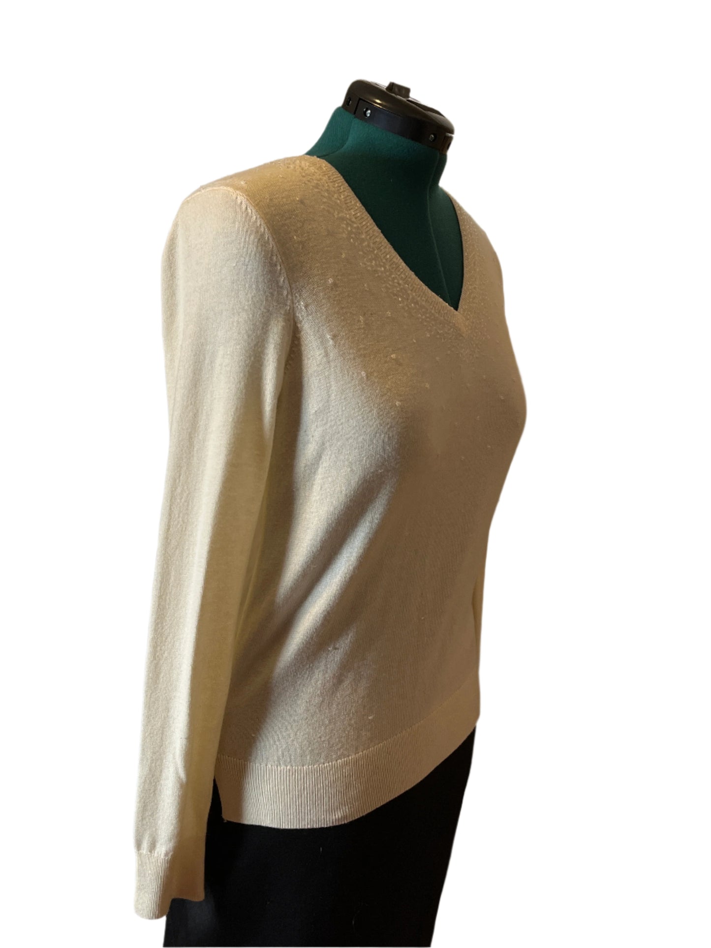 Ann Taylor Beige V Neck Long Sleeves Blouse Sweater Combo with Pearls Designs(Size Medium Petite)