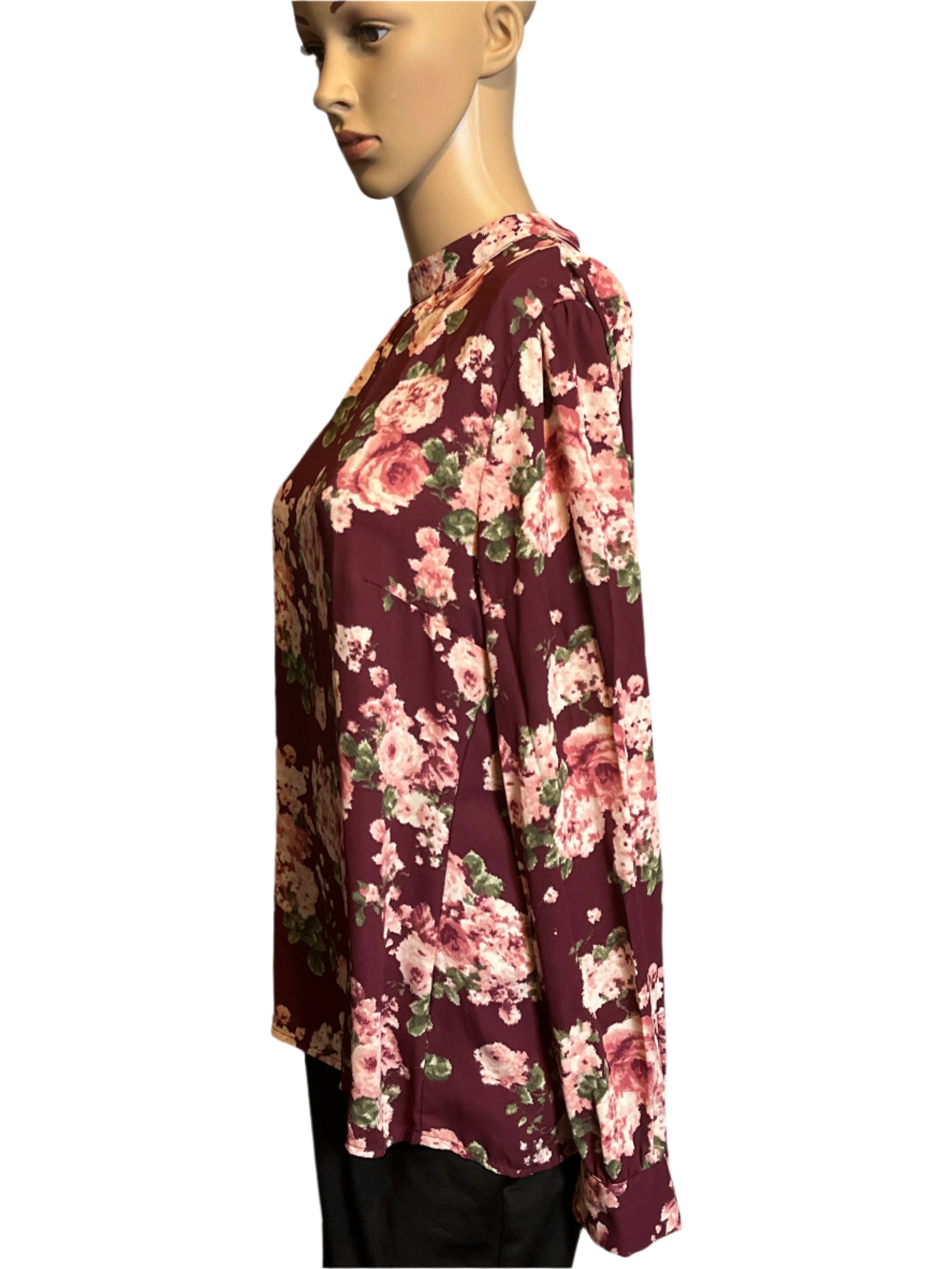 Forever 21 (size L)Burgundy and Pink Floral Print Loose Fitting Blouse