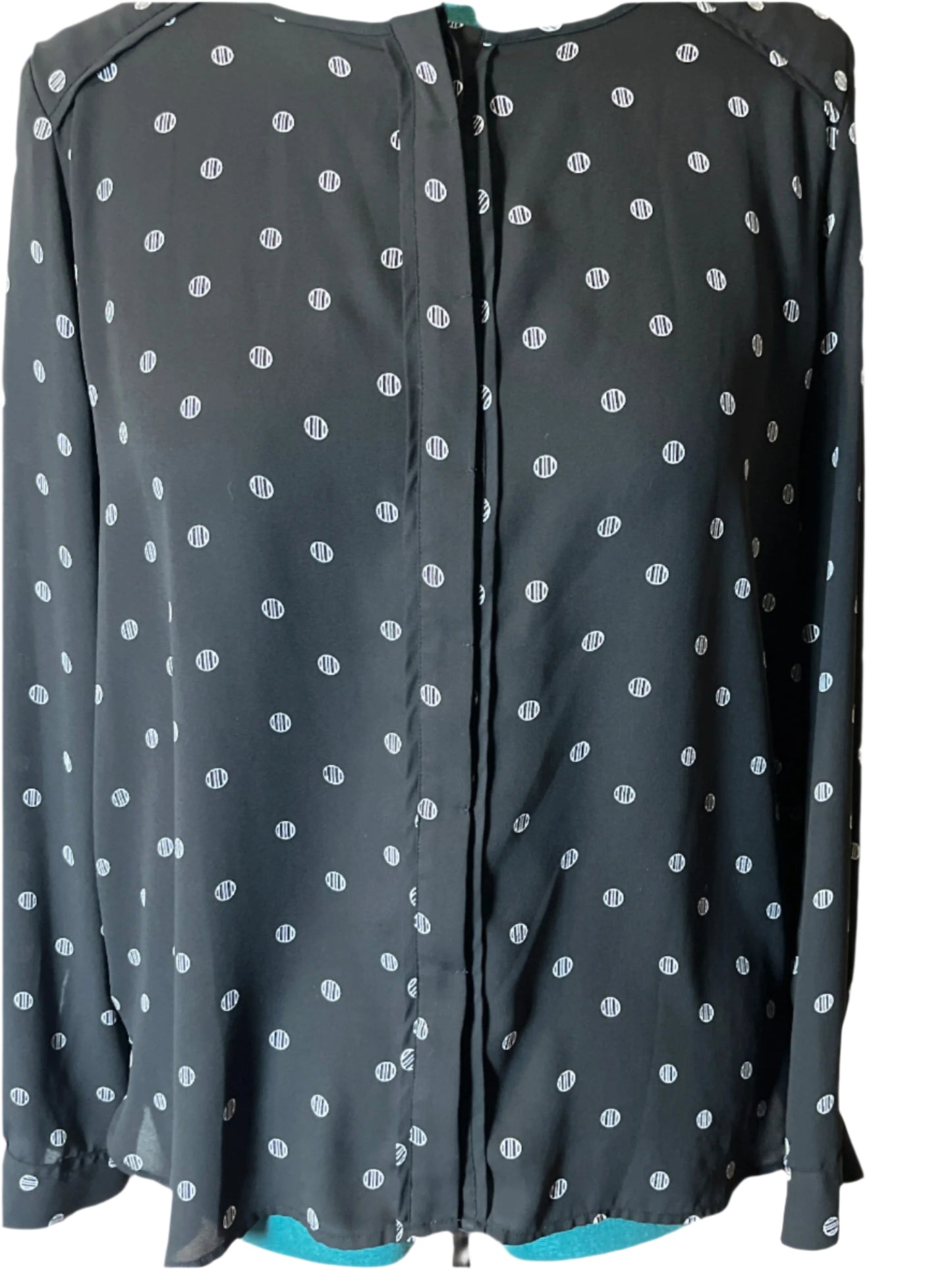 Loft black long sleeve blouse with white geometrical designs (size medium)