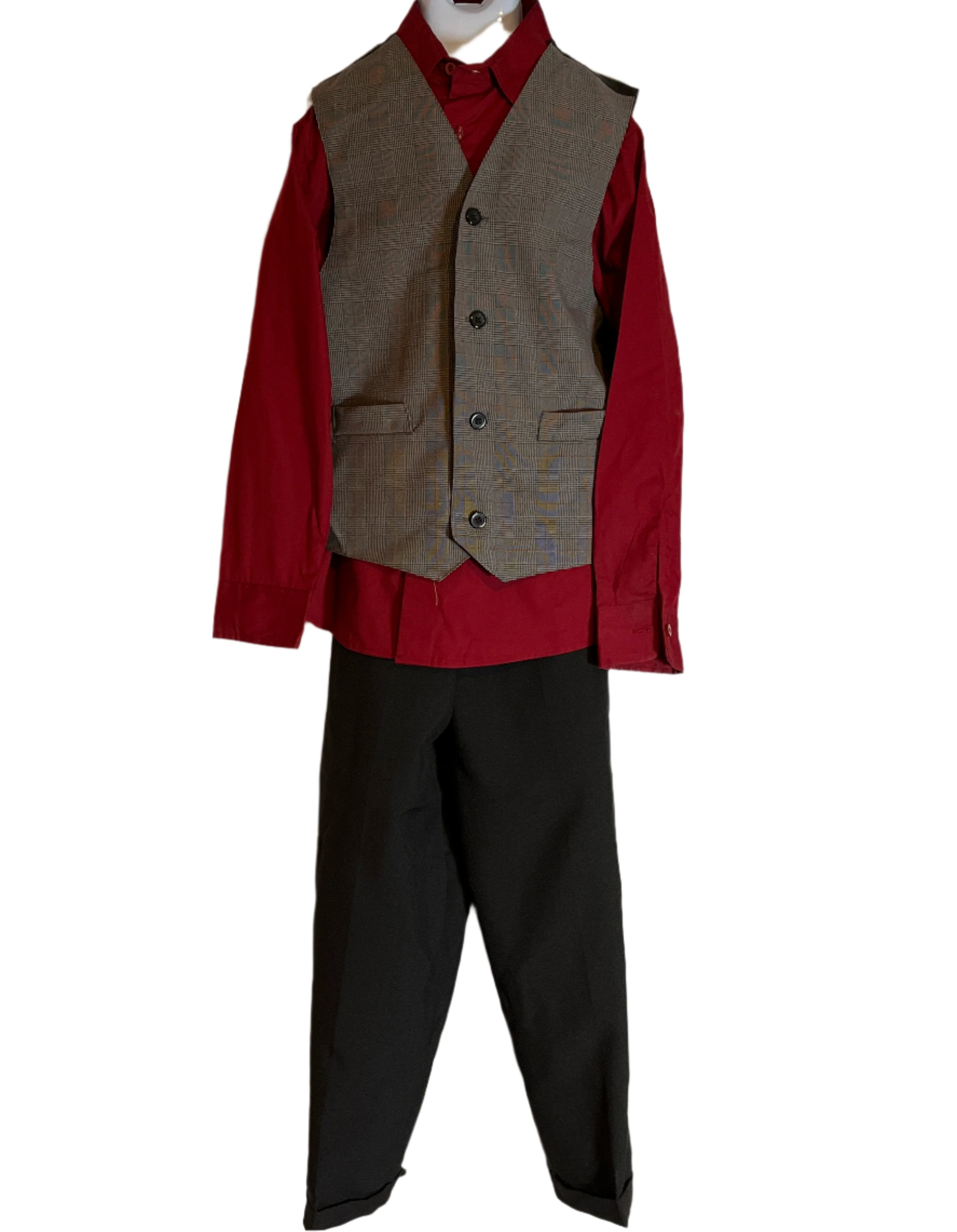 George 3 Piece Suit set with Pants (black), buttoned up Shirt (burgundy)and Vest (gray) (size 10)