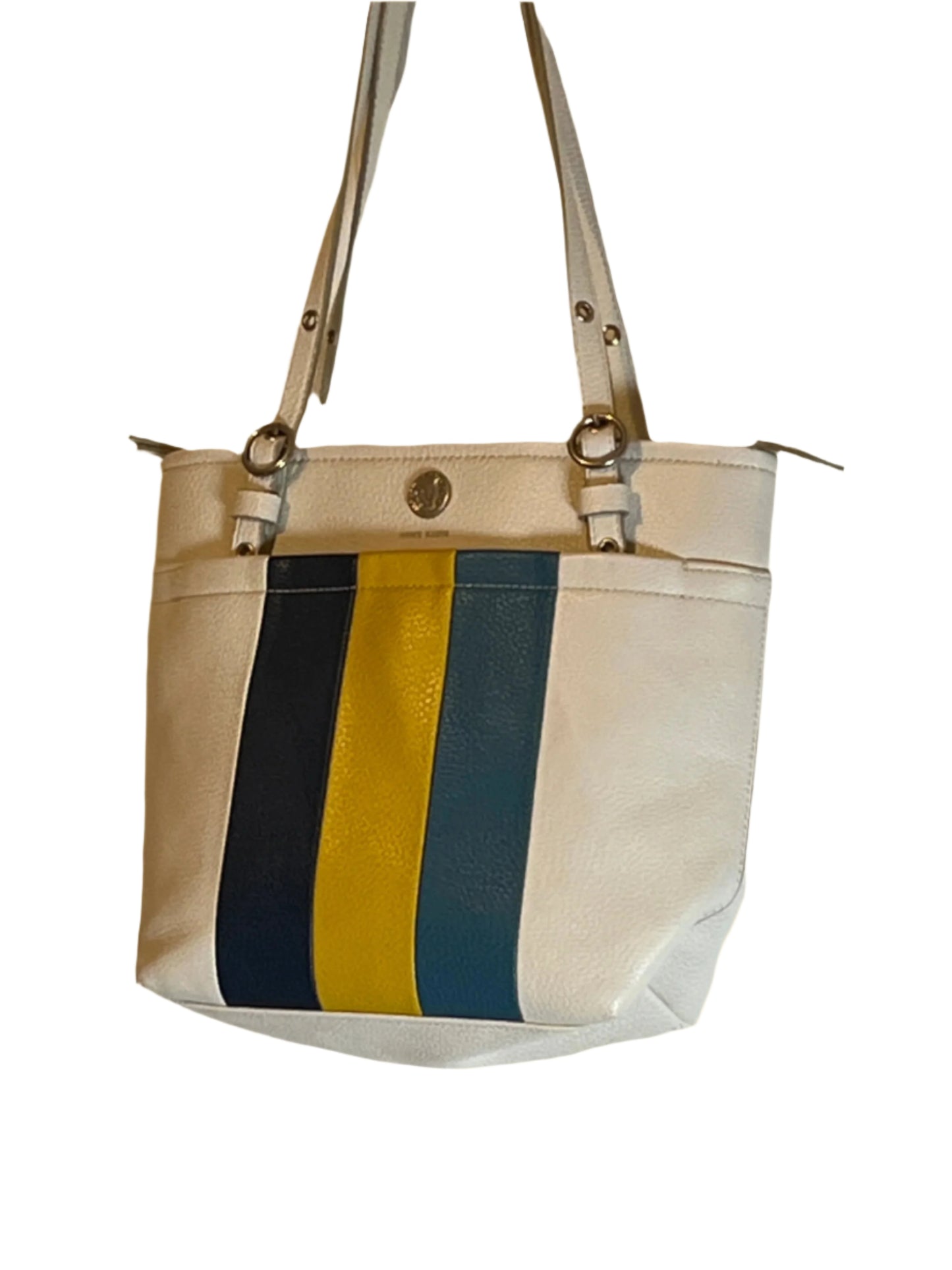 Ann Klein Stylish white with blue and yellow stripes Over Shoulder Bag