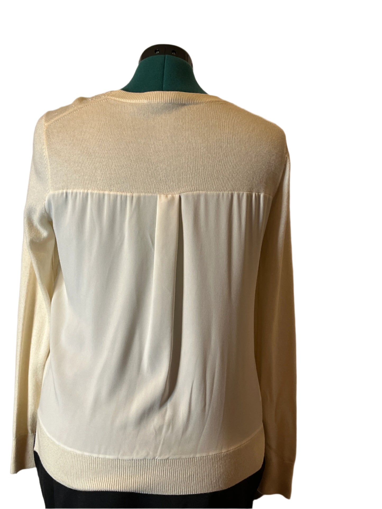 Ann Taylor Beige V Neck Long Sleeves Blouse Sweater Combo with Pearls Designs(Size Medium Petite)