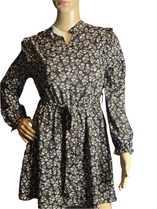 Allegra K Black/White/Beige Floral Imprints Blouson Dress(Size Small)