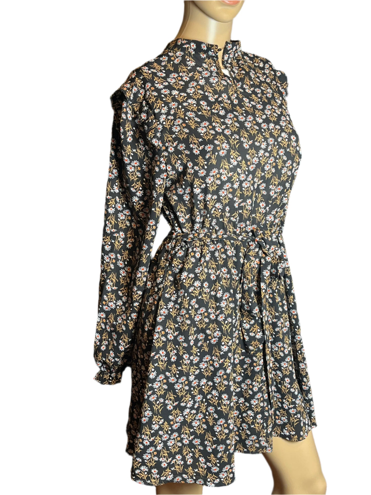 Allegra K Black/White/Beige Floral Imprints Blouson Dress(Size Small)