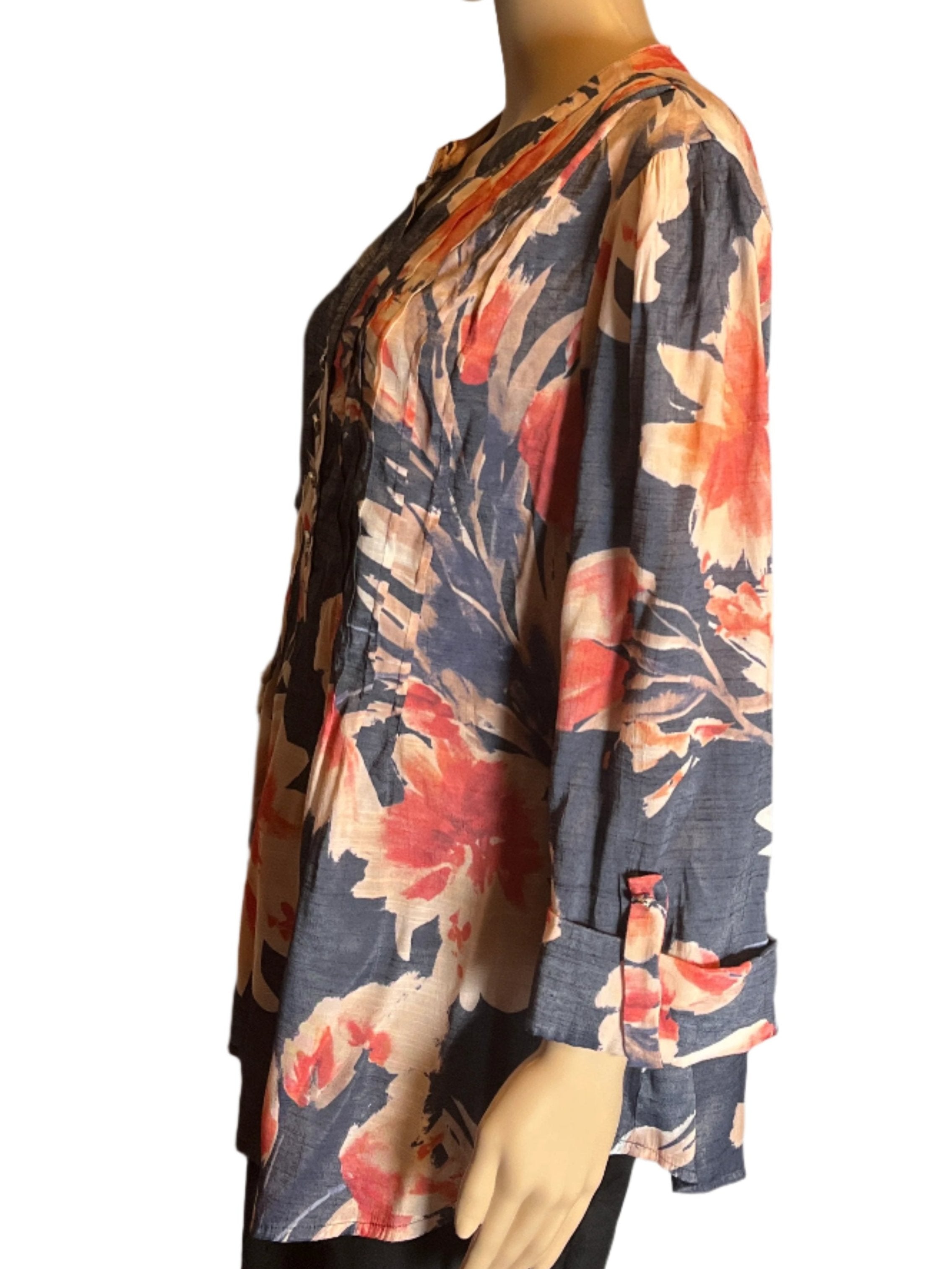 Cocomo Floral  Dressy Blue and Orange Loose Fitting Blouse (size 2x)